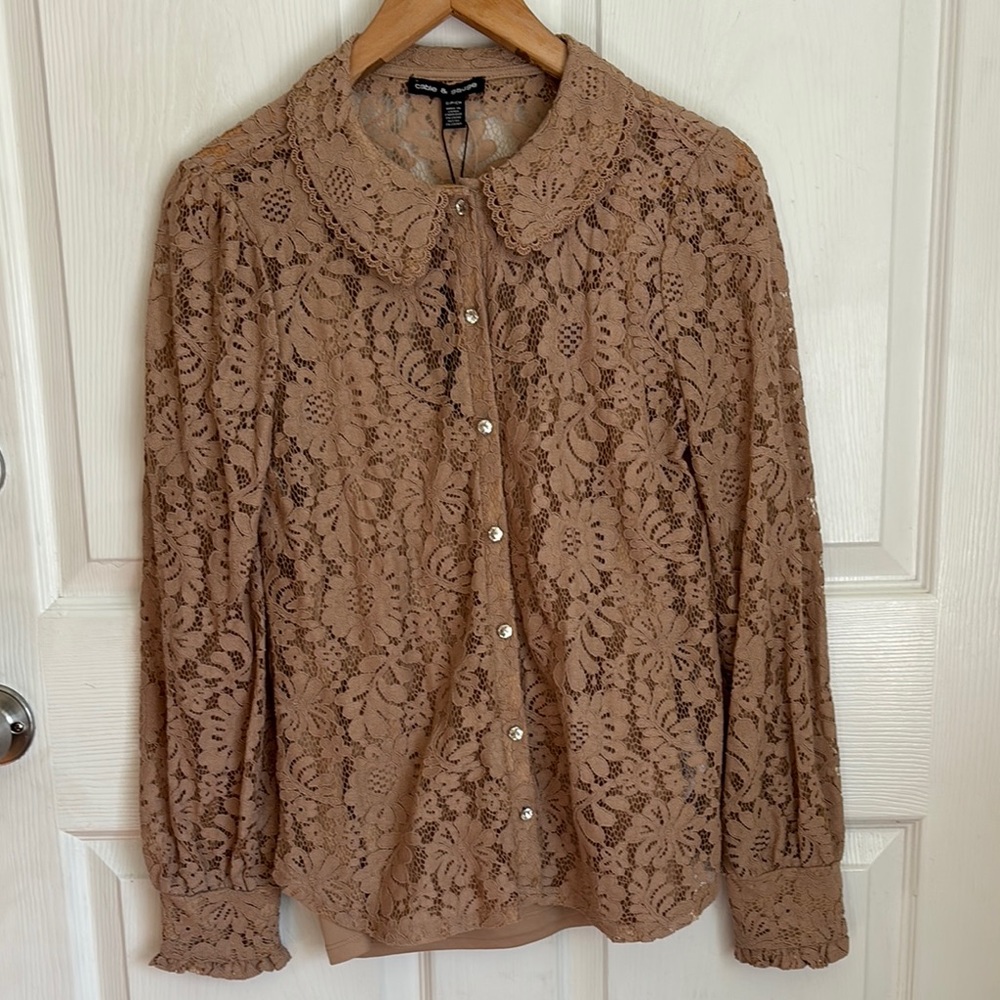 NEW CABLE & GAUGE Cottage Lace overlay Button-Up Top Peter Pan Collar size Small